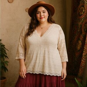 Shannon Ford New York Women White Lace Boho Blouse Top 2X 3/4 Sleeve Cottagecore